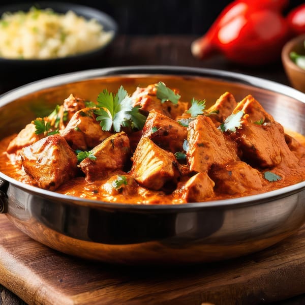 Taj Indian Cuisine's chicken tikka masala in a steel bowl, garnished with cilantro, with rice and peppers.