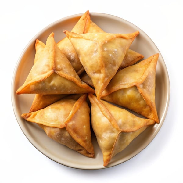 A plate of golden-brown, triangular Indian samosas, a popular appetizer at Taj Indian Cuisine.