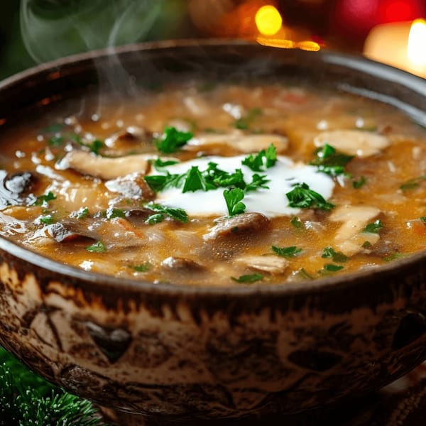 Steaming bowl of Indian mushroom soup with a dollop of cream and fresh parsley.