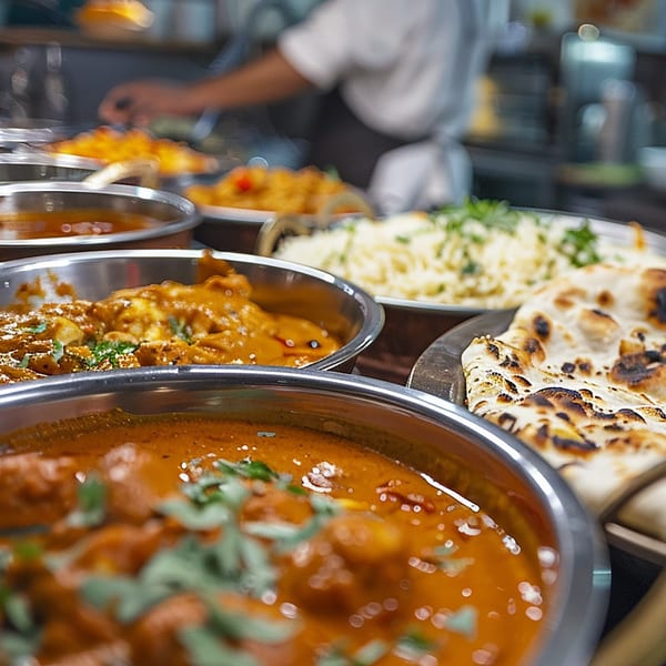 Taj Indian Cuisine buffet with various curries, rice, and naan bread, with a chef in the background.