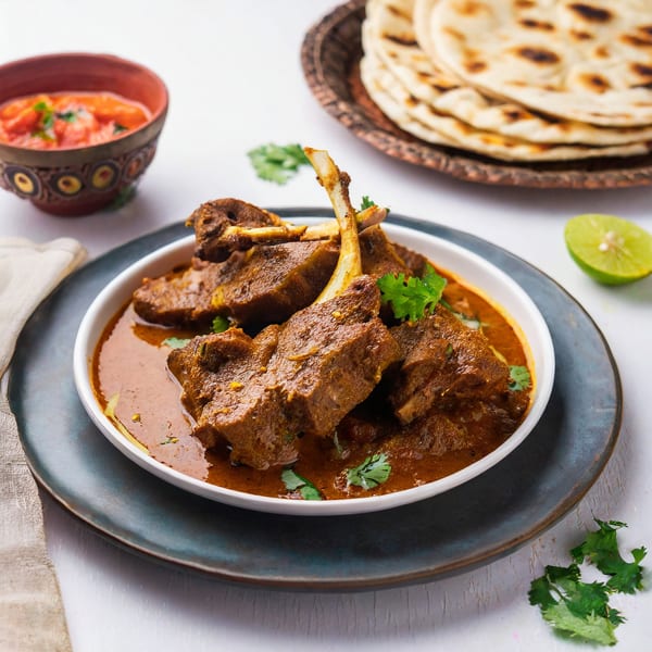 Taj Indian Cuisine's lamb curry with bone-in pieces, cilantro garnish, a side of naan, and chutney.