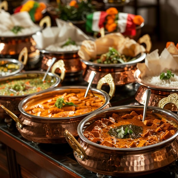 A buffet spread of various Indian curries, rice, and bread in ornate copper serving dishes.