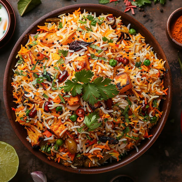 Close-up of a vibrant Indian biryani with paneer, rice, vegetables, and spices in a brown bowl.